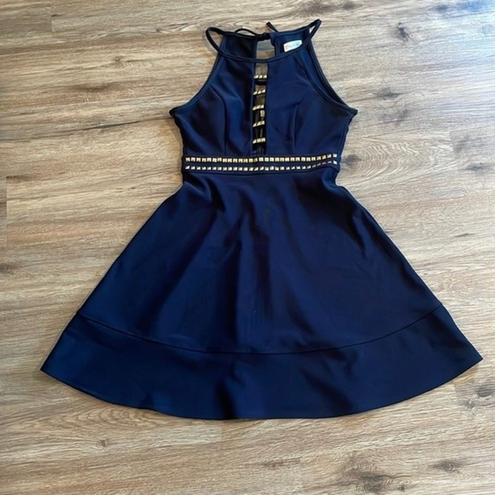 Emerald Sundae Navy Cut Out A-Line Cocktail Dress with Gold Detail